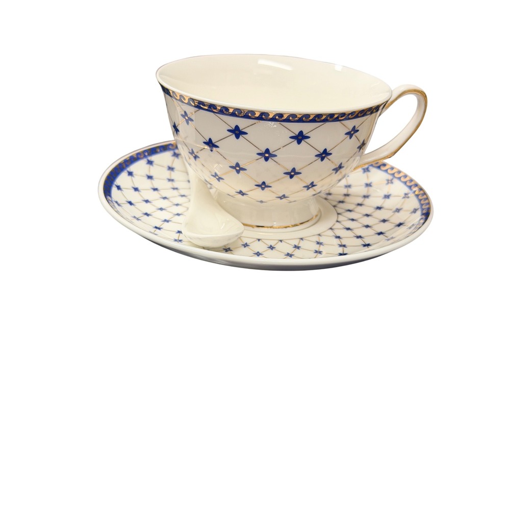 Porlien Steve&Won Fine Porcelain Tea Cup Saucer Spoon Set Blue Gold Lattice Box